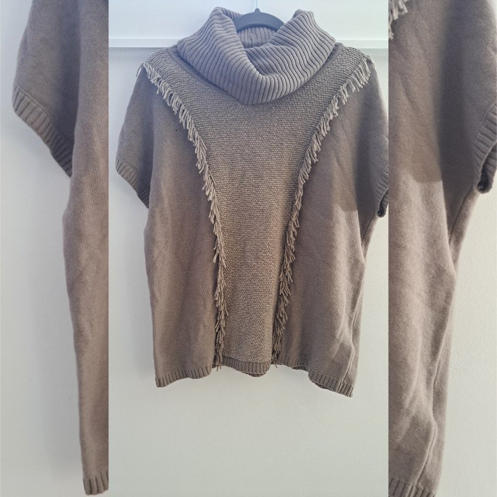 LAFAYETTE 148 NEW YORK Wool Fringe Cowl Neck Short Sleeve Sweater